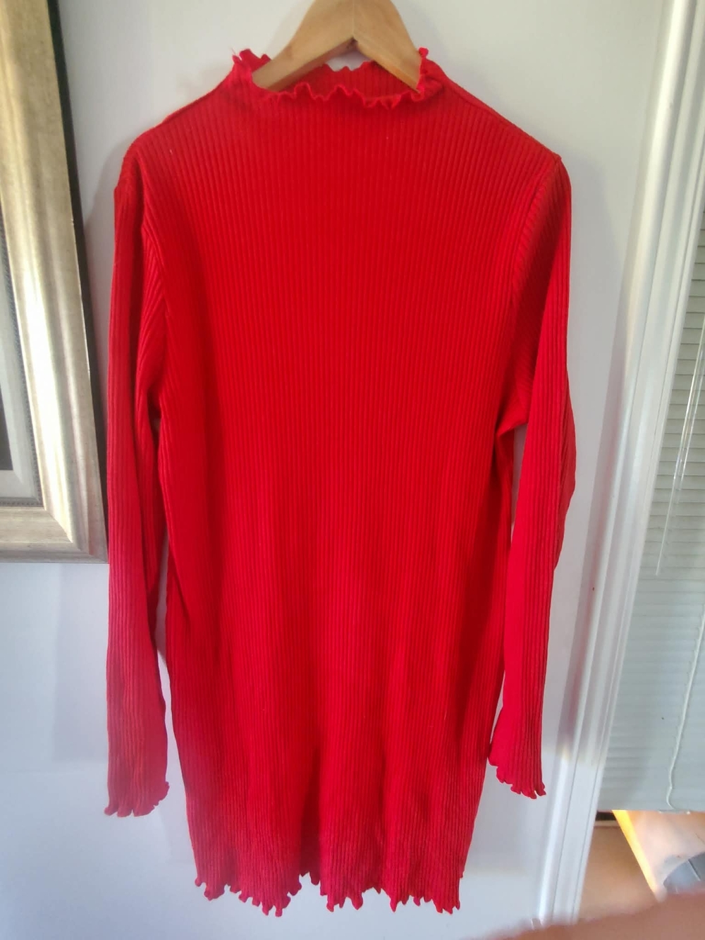 H&M Red Ribbed Long-Sleeve Turtleneck Dress with Lettuce Edge